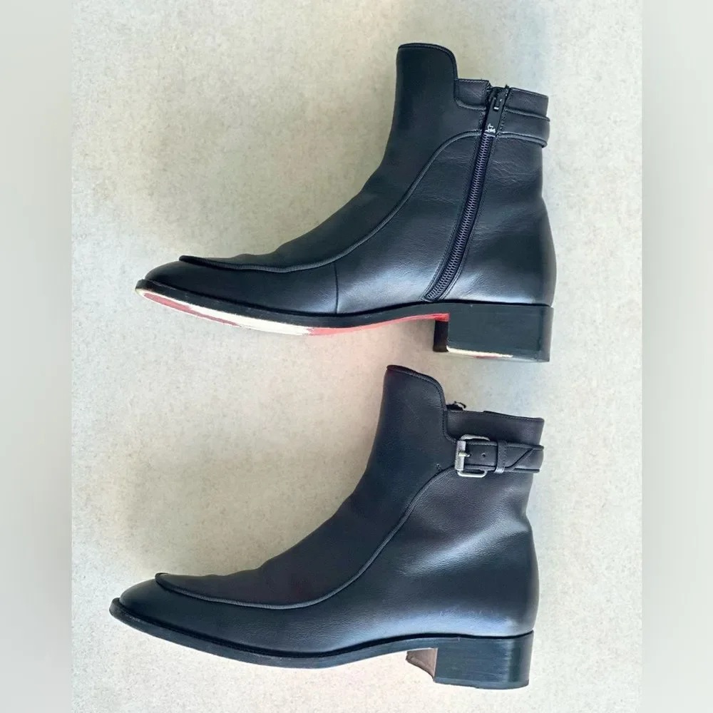 CHRISTIAN LOUBOUTIN Calfskin Ecritoir Black Flat Ankle Boots size 38 - Picture 5 of 12